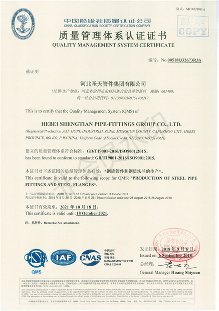 Porcellana Hebei Shengtian Pipe Fittings Group Co., Ltd. Certificazioni